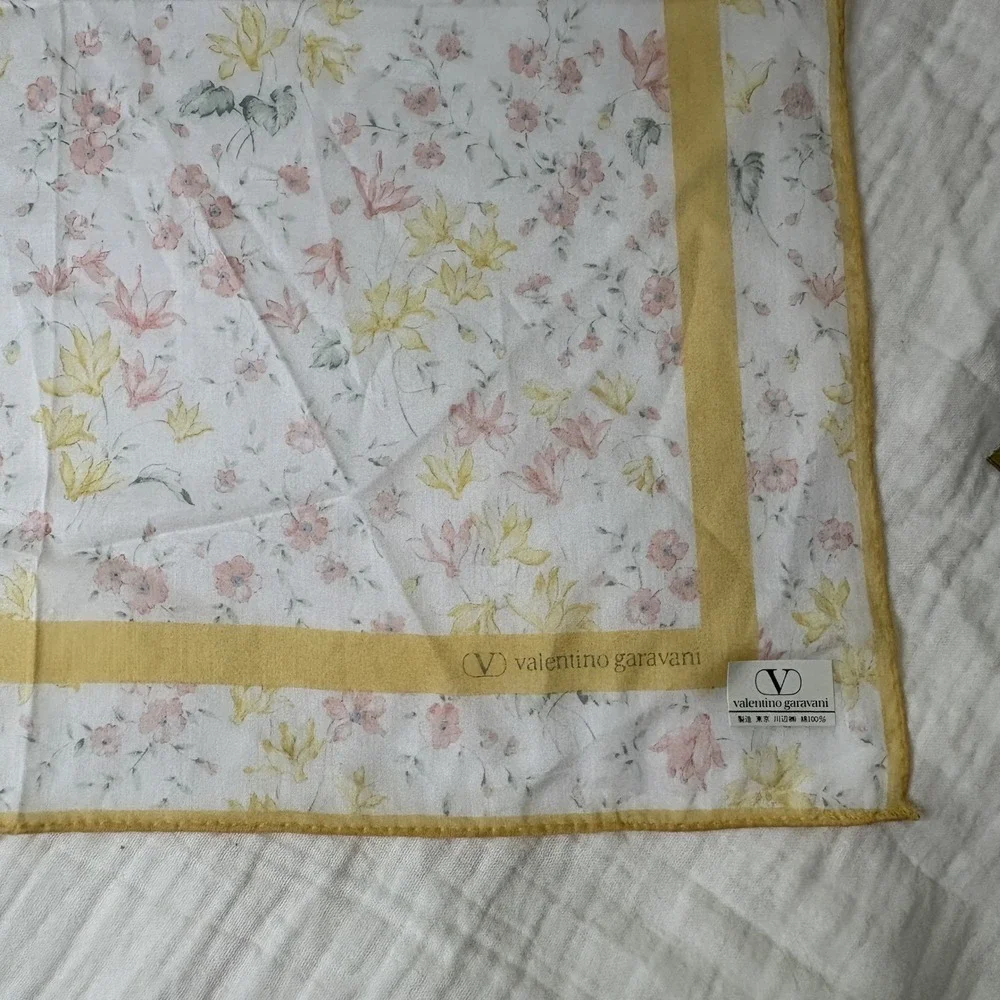Valentino Garavani Scarf Handkerchief Floral Cotton White Yellow Pink Logo 16.5